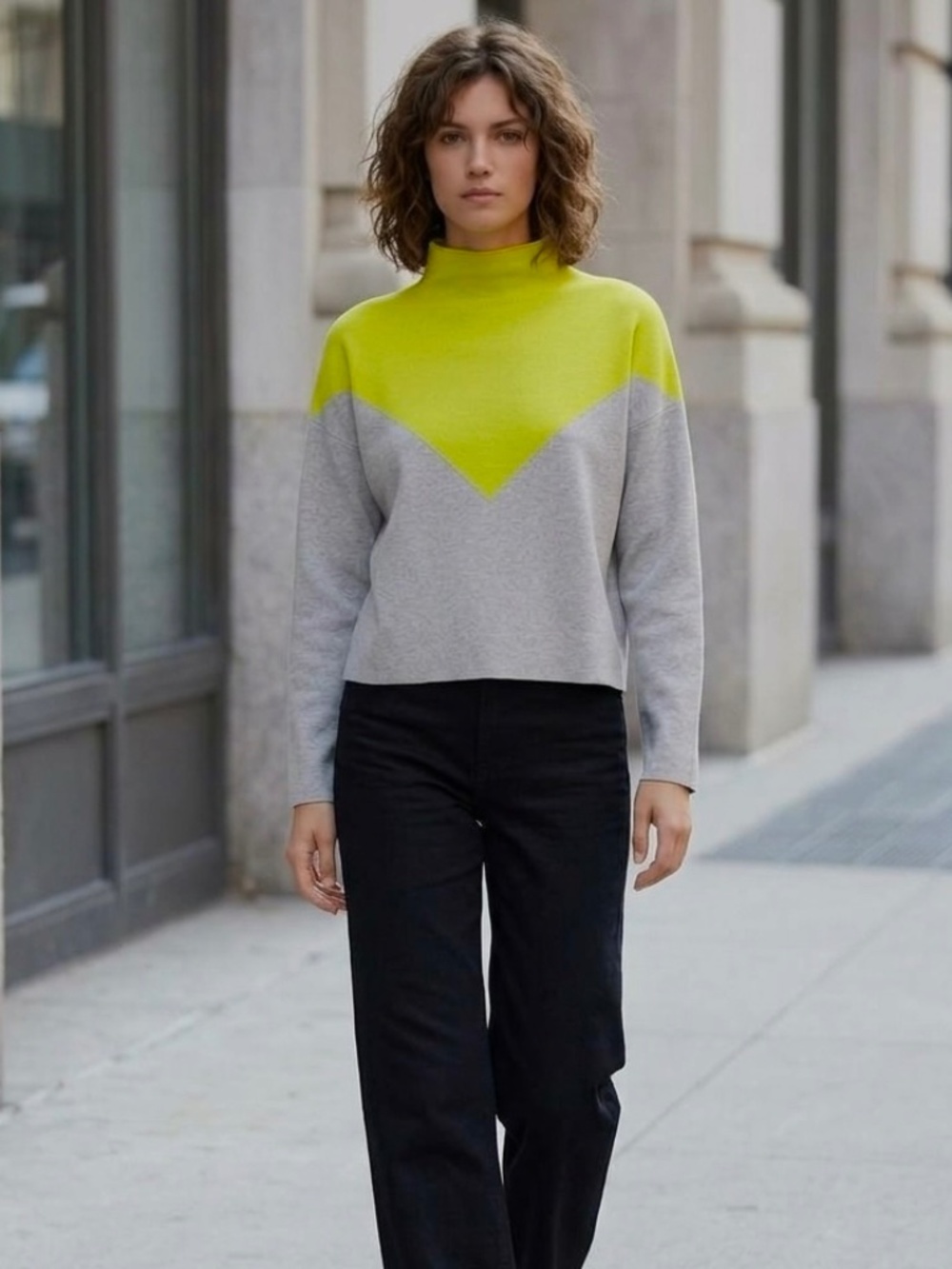 Cynthia Rowley Chevron Mock Neck Yellow/Grey Sweater L